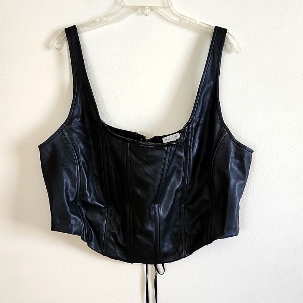 Good American Cropped Black Faux Leather Lace Up Corset 7 3X Cowgirl Goth Sexy